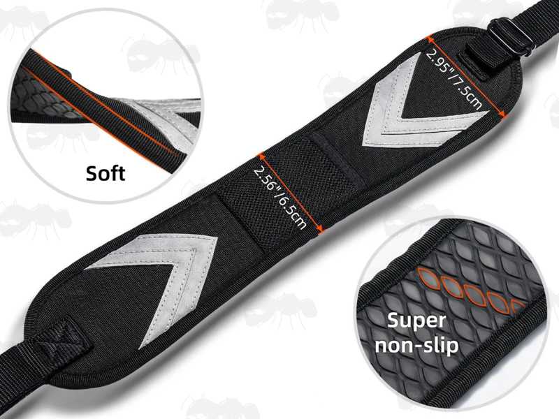 Features on The Deluxe QD Stud Fitting Swivels on The Black Shotgun Sling with Mesh Pocket and Hand Grip Handle