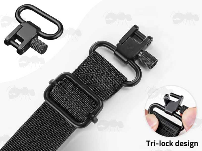 Close-Up View of The QD Stud Fitting Swivels on The Black Shotgun Sling with Mesh Pocket and Hand Grip Handle