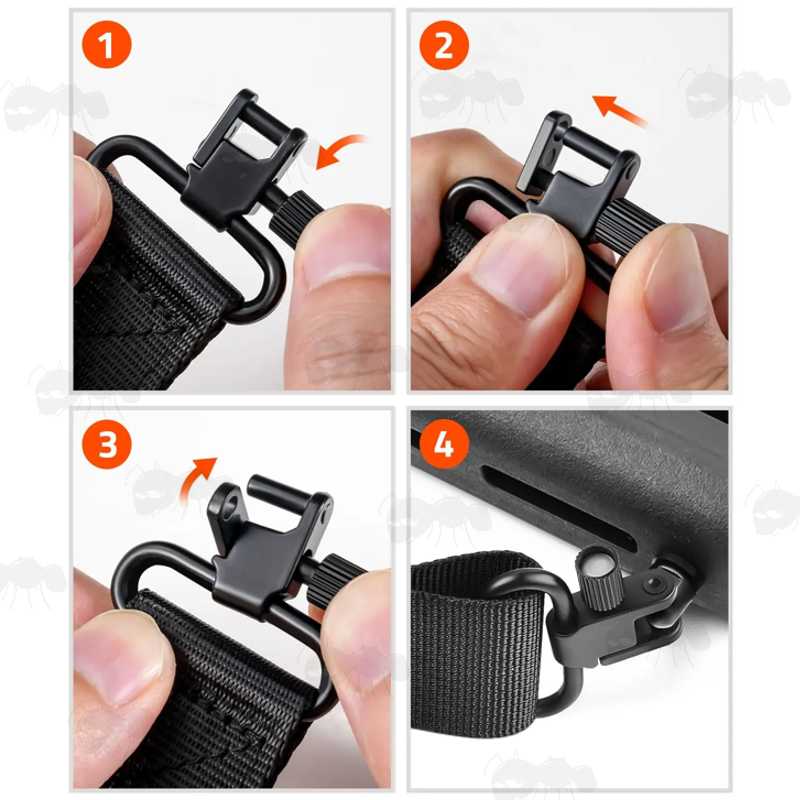 Fitting Guide for The Deluxe QD Stud Fitting Swivels on The Black Shotgun Sling with Mesh Pocket and Hand Grip Handle