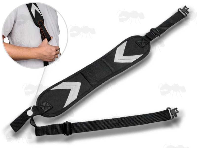 Black Shotgun Sling with Mesh Pocket and Hand Grip Handle, Fitted with Deluxe QD Stud Fitting Swivels