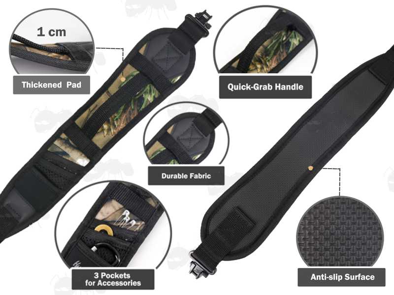 Features of The Black and Tree Camouflage Pattern Shotgun Sling with Mesh Pocket and Hand Grip Handle, Fitted with AnTac QD Stud Fitting Swivels