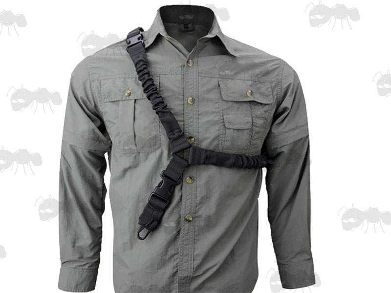 Single Point QR One Point Bungee Sling in Black Shown Being Worn on Shirt