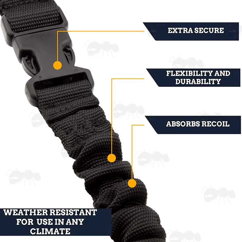 Close-Up View of The QD Buckle and Bungee Cord Section on The Single Point QR One Point Bungee Sling in Black