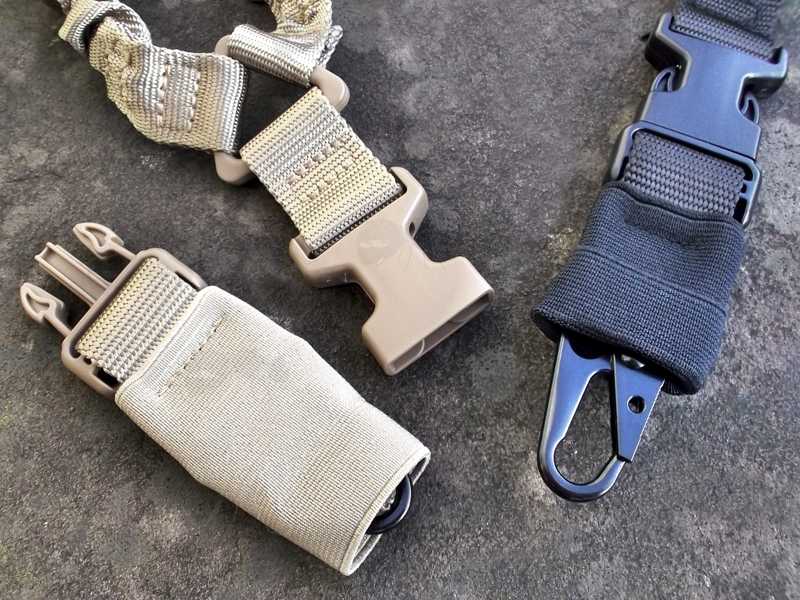 Close-Up View of The Black and Tan Coloured Single Point QR One Point Bungee Sling Attachment Point Hook Clips