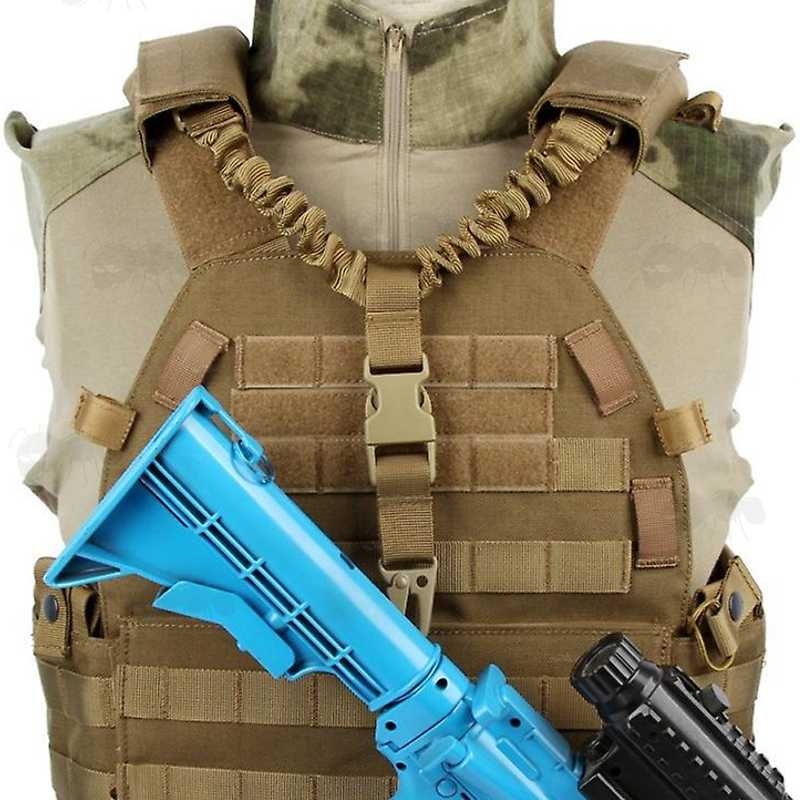 Single Point QR One Point Bungee Sling in Tan, Shown Fitted to The Padded Shoulder Pads on a Plate Carrier Vest