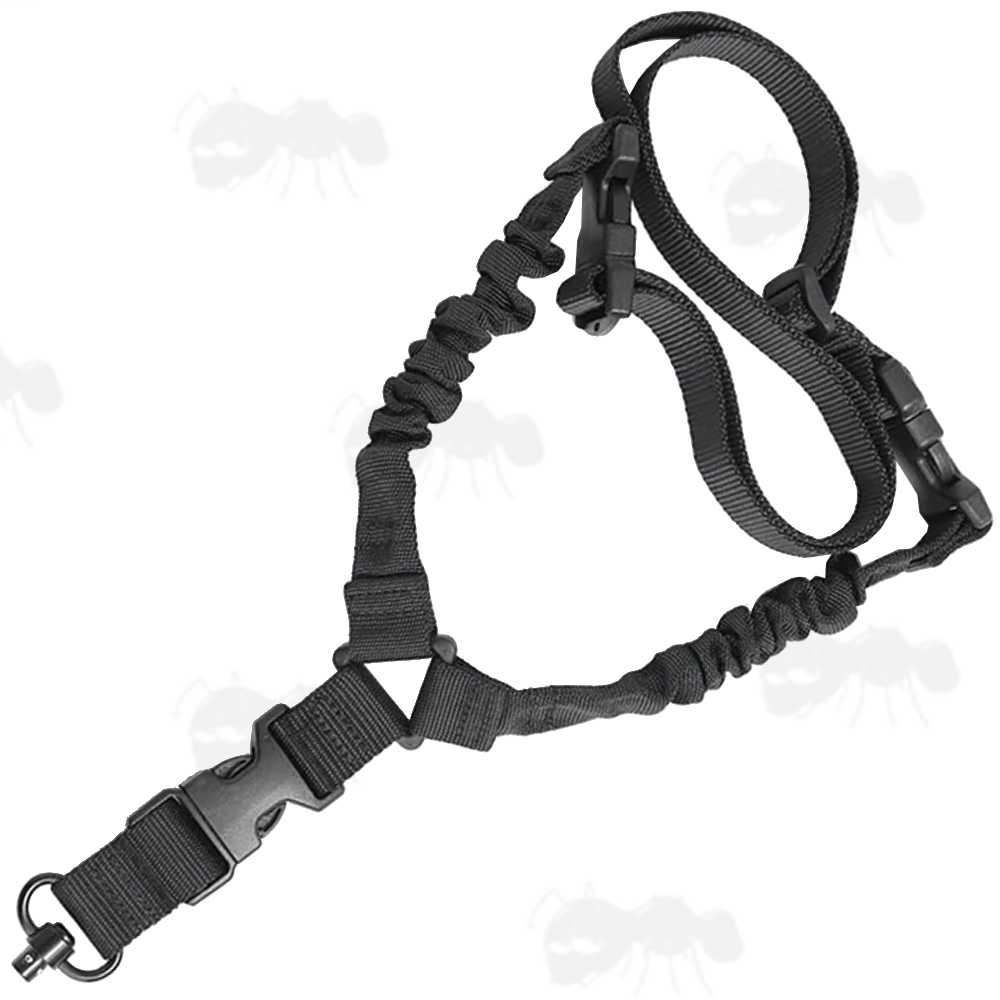 Black Single Point Bungee Rifle Sling with 10mm Diameter Quick-Release Push Button Socket Swivel and Three QD Buckles