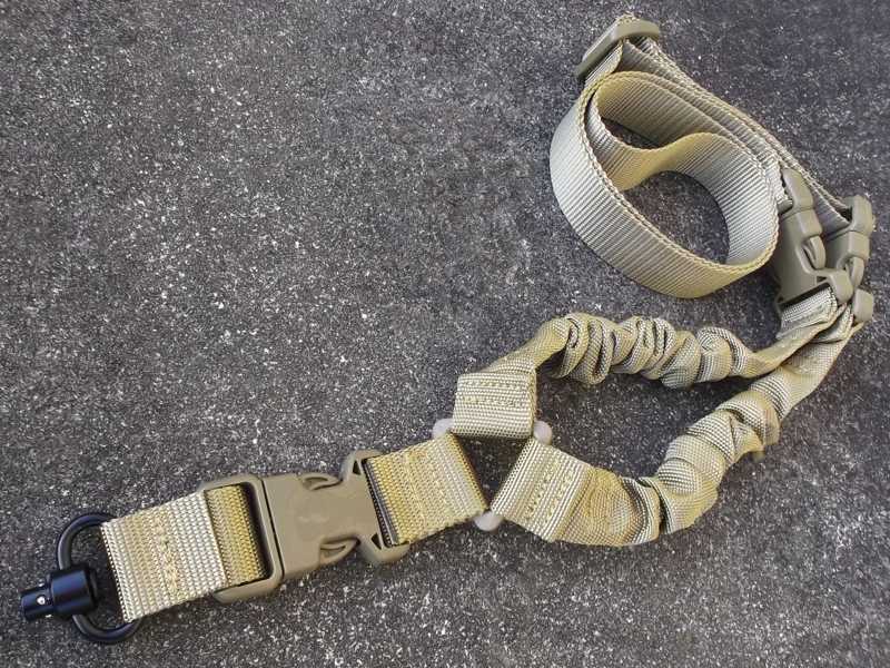 Tan Single Point Bungee Rifle Sling with 10mm Diameter Quick-Release Push Button Socket Swivel and Three QD Buckles