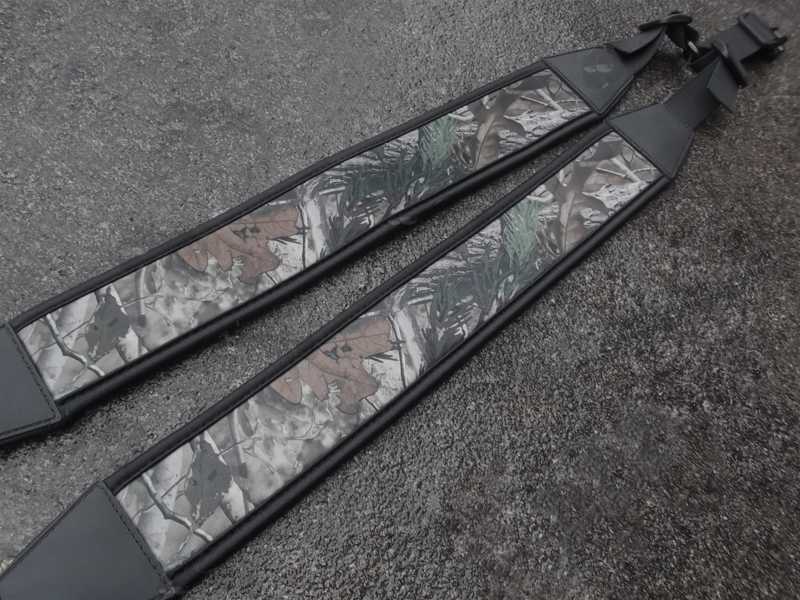 Close-Up View of The Neoprene Shoulder Padded Sections on The Black Canvas and Dark oak Tree Camouflage Neoprene Backpack Harness Style Rifle Sling