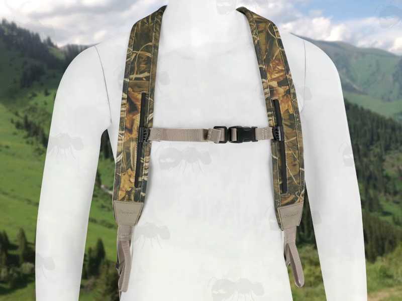 Khaki Canvas and Reed Camouflage Neoprene Backpack Harness Style Rifle Sling Shown On a White Mannequin