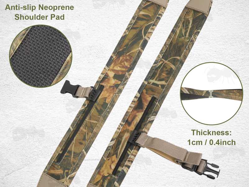 Close-Up View of The Padded Sections on The Khaki Canvas and Reed Camouflage Neoprene Backpack Harness Style Rifle Sling