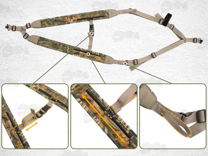 Features on The Khaki Canvas and Reed Camouflage Neoprene Backpack Harness Style Rifle Sling