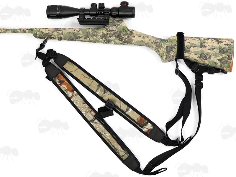 Black Canvas and Tree Camouflage Neoprene Backpack Harness Style Rifle Sling Shown Fitted to a Digital Camo Wrapped Rifle
