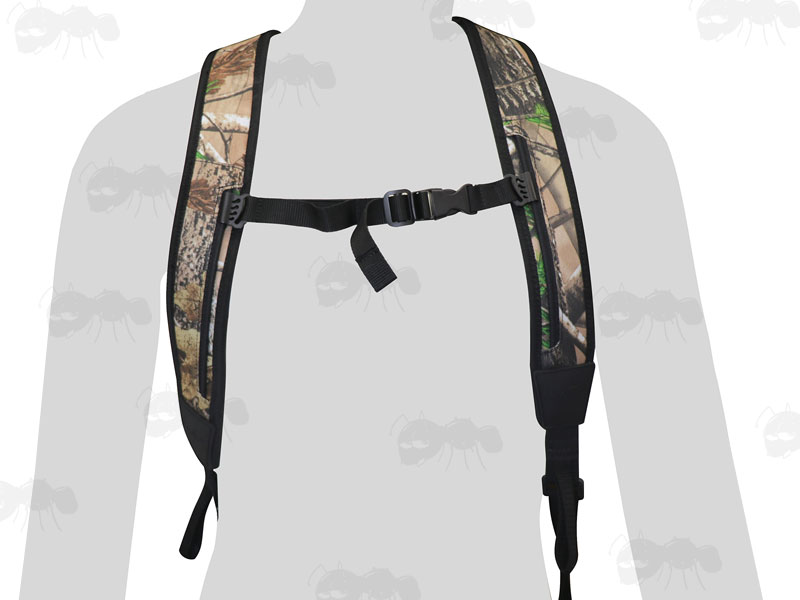 Black Canvas and Tree Camouflage Neoprene Backpack Harness Style Rifle Sling Shown in Use