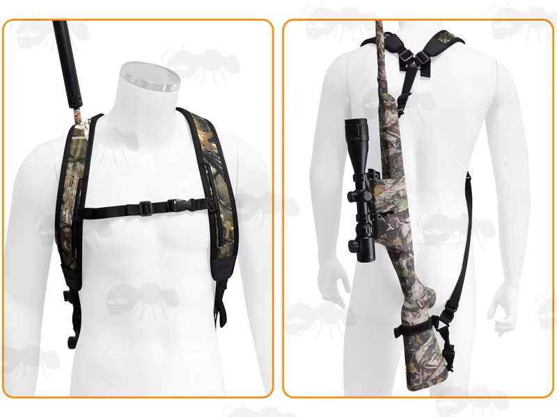 Black Canvas and Tree Camouflage Neoprene Backpack Harness Style Rifle Sling Shown In Use Over Shoulder and Across Body
