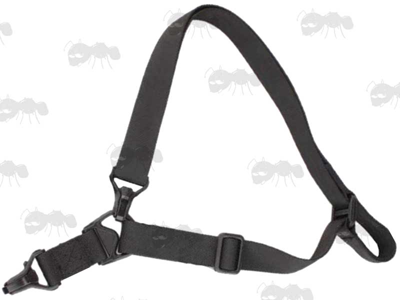Black Two Point Multi Rifle Sling in Single Point Setup with Metal Clip On Fittings