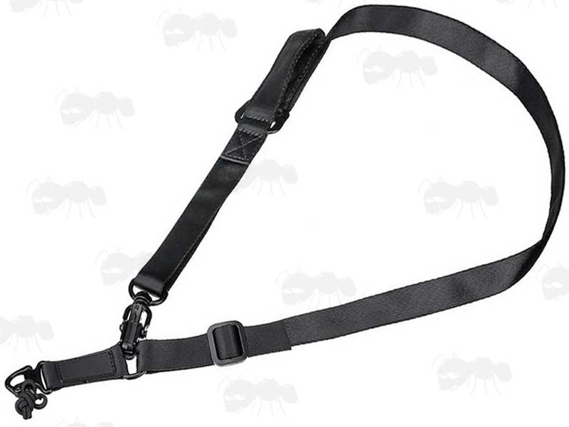 Black Two Point Multi Rifle Sling in Single Point Setup with Metal Clip On and Swivel Pull Ring Fittings Being Worn