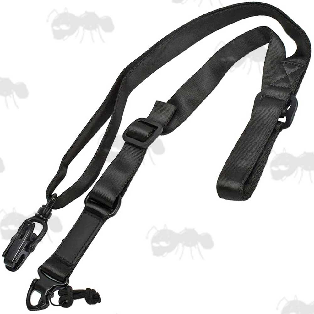 Black Two Point Multi Rifle Sling with Metal Clip On and Swivel Pull Ring Fittings