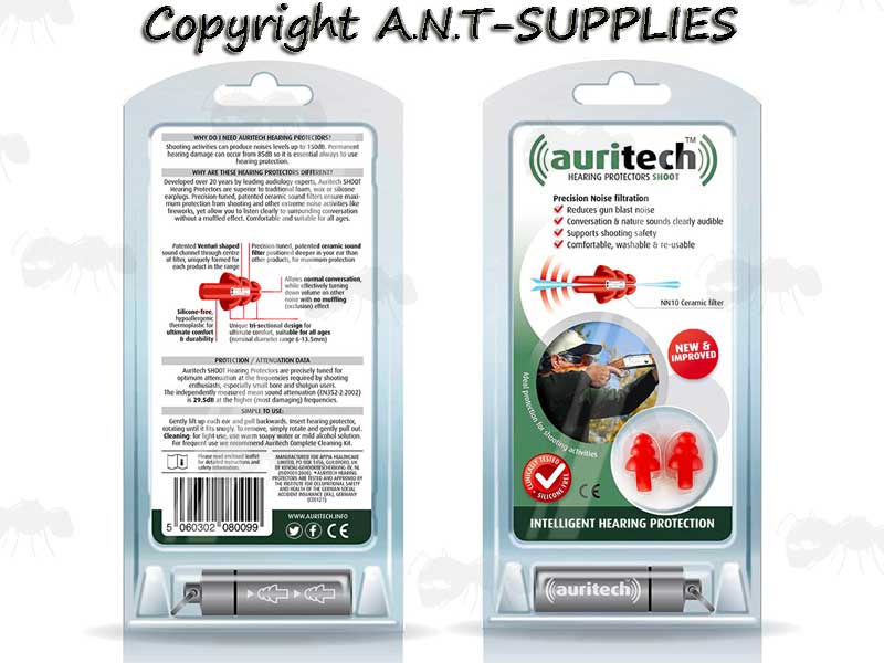 Front and Back View of The Auritech Shooting Ear Plugs in Packaging