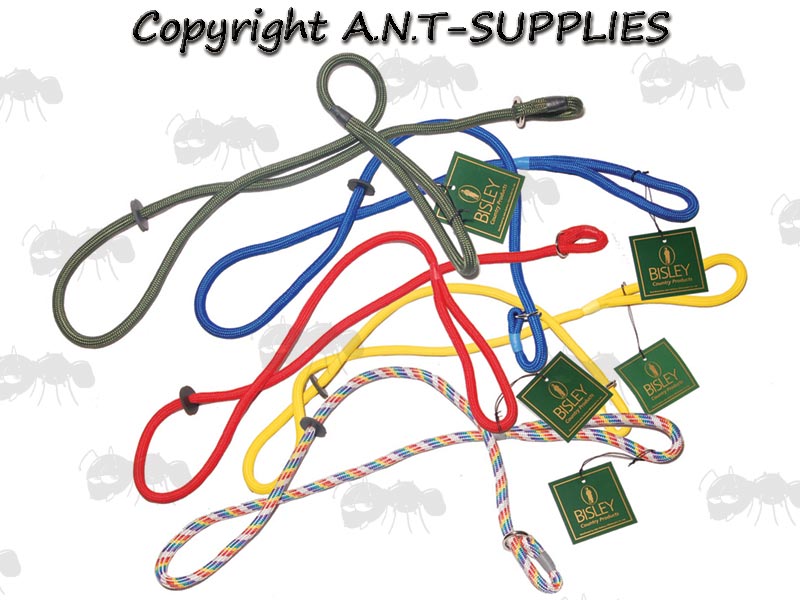Five Assorted Colour Bisley Braided Rope Slip Leads With Metal Rings and Black Rubber Stoppers
