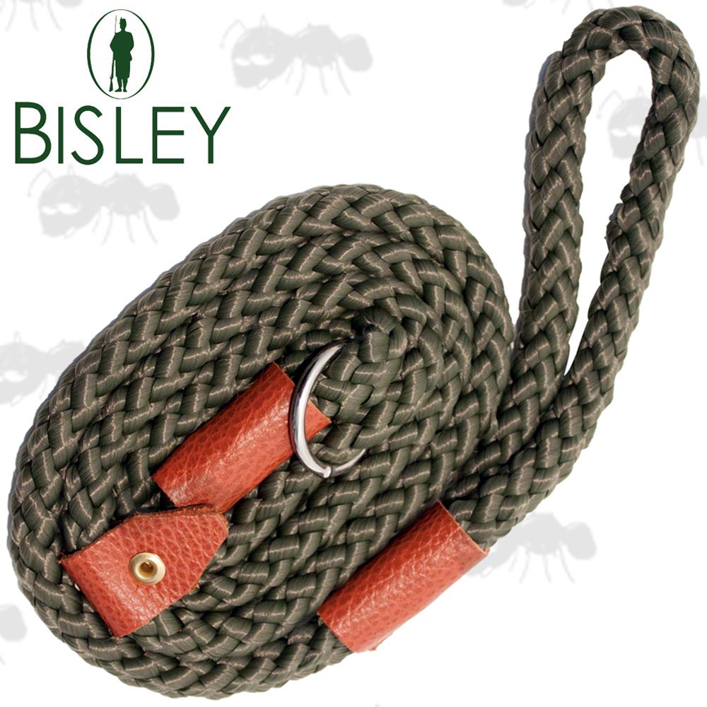 Bisley Large Diameter Green Woven Rope Hunting Dog Slip Lead With Metal Ring and Brown Leather Fittings