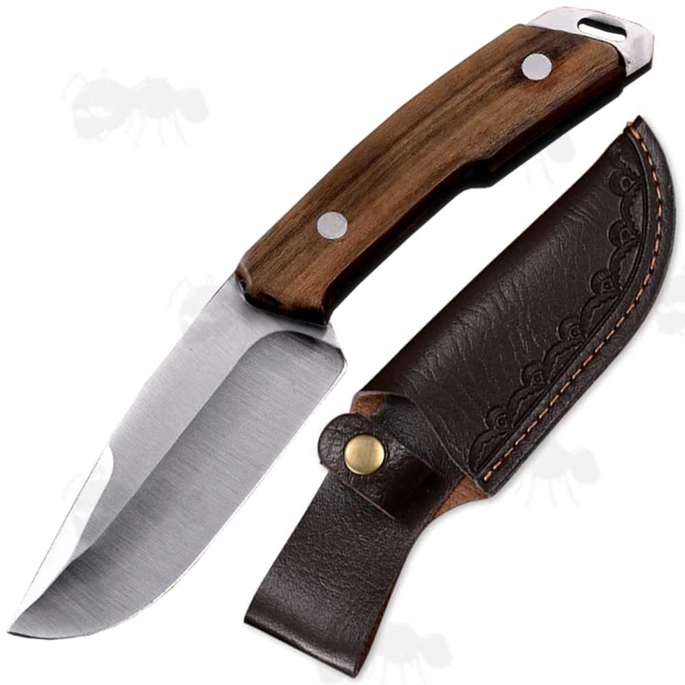 Classic Hunters' Fixed Blade Full Tang Knife with Dark Brown Sandalwood Scales and Dark Brown Faux Leather Belt Sheath