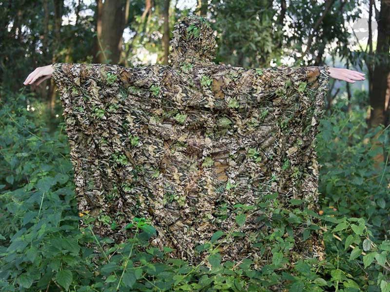 Spring / Summer 3D Leaf Camouflage Ghillie Poncho in Use in Woodland