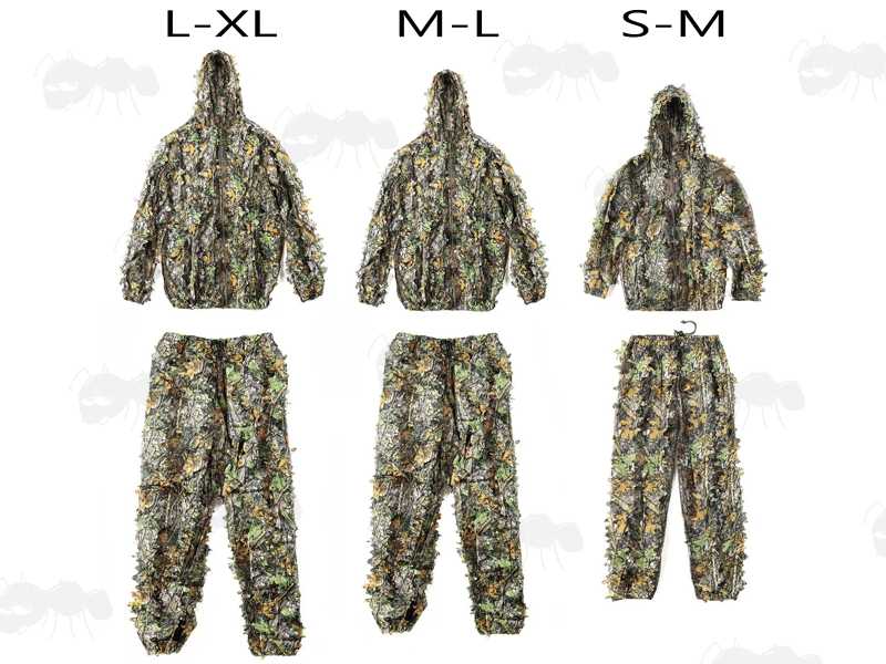 Small to Medium, Medium to Large and Large to Extra Large Sized Woodland Camouflage 3D Leaf Trousers and Jacket with Hood Two Piece Ghillie Suits