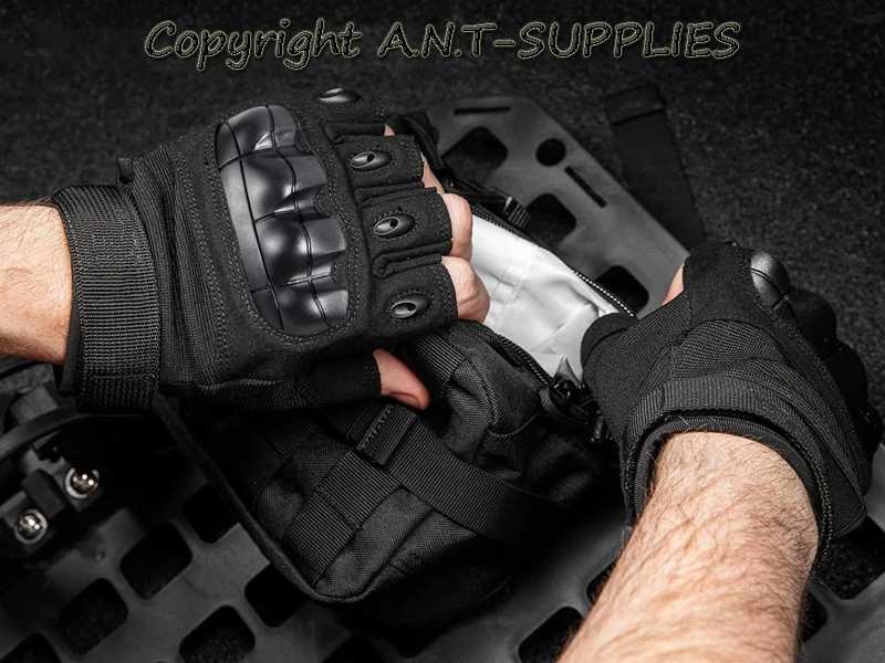 Tactical Protective Hard Knuckle Fingerless Gloves in Black, Shown in Use