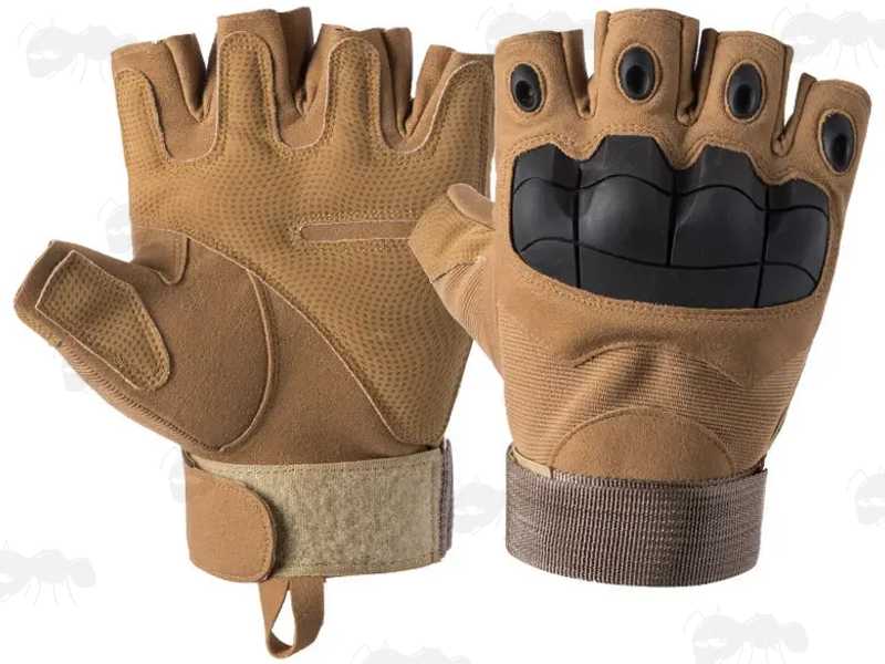 Front and Back View of The Tactical Protective Hard Knuckle Fingerless Gloves in Tan