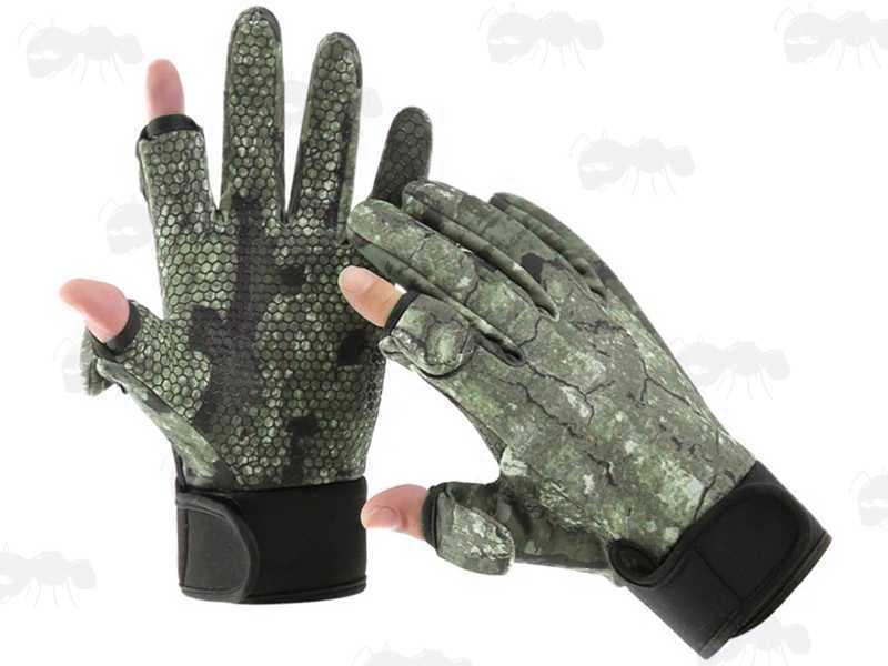 Green Hardwood Camouflage Full Finger Hunting Gloves with Hands
