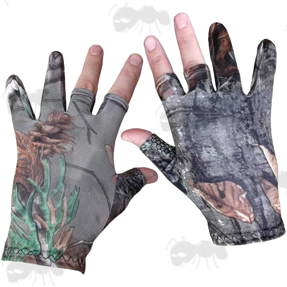 Hands in Woodland Camouflage Hunting Gloves with Fingerless Thumb, Index and Middle Finger Design