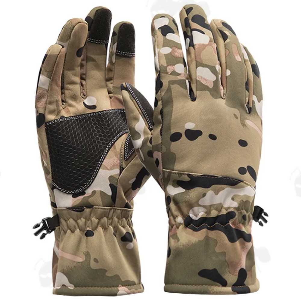 Multicamo Full Finger Hunting Gloves with Touchscreen Sensitive Pads on The Thumb and Index and Middle Finger