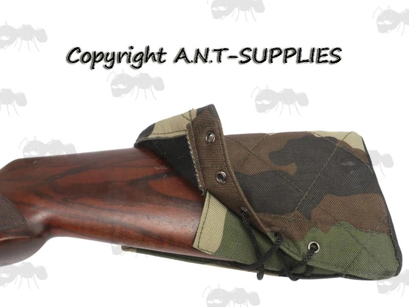 Plain Woodland Camouflage Quilted Canvas Butt End Cover with Lace-Up Design, Shown Fitted to Wooden Stock
