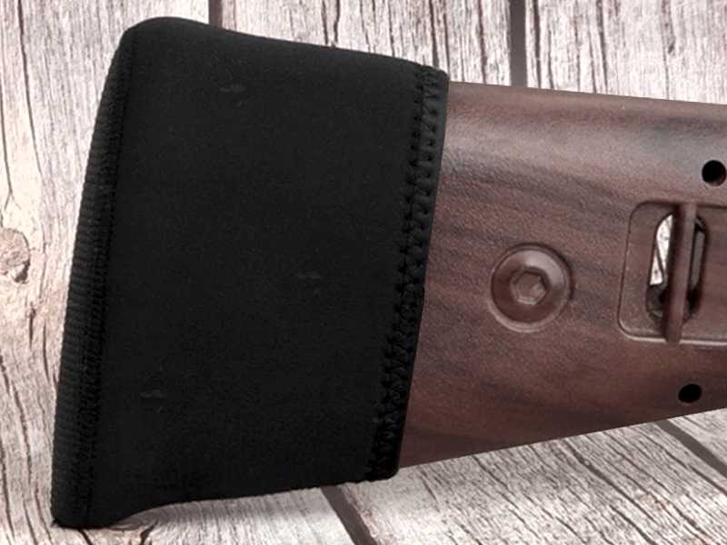 All Black Neoprene Slip-On Gun Recoil Pad Fitted To a Rifle Buttstock