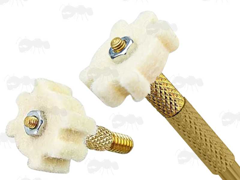 Brass American #8-32 Threaded Gun Barrel Cleaning Rod Adapter for Felt Pellets / Swabs with Steel Nut, Shown Fitted to Rod with Rifle Chamber Felt Swab Fitted