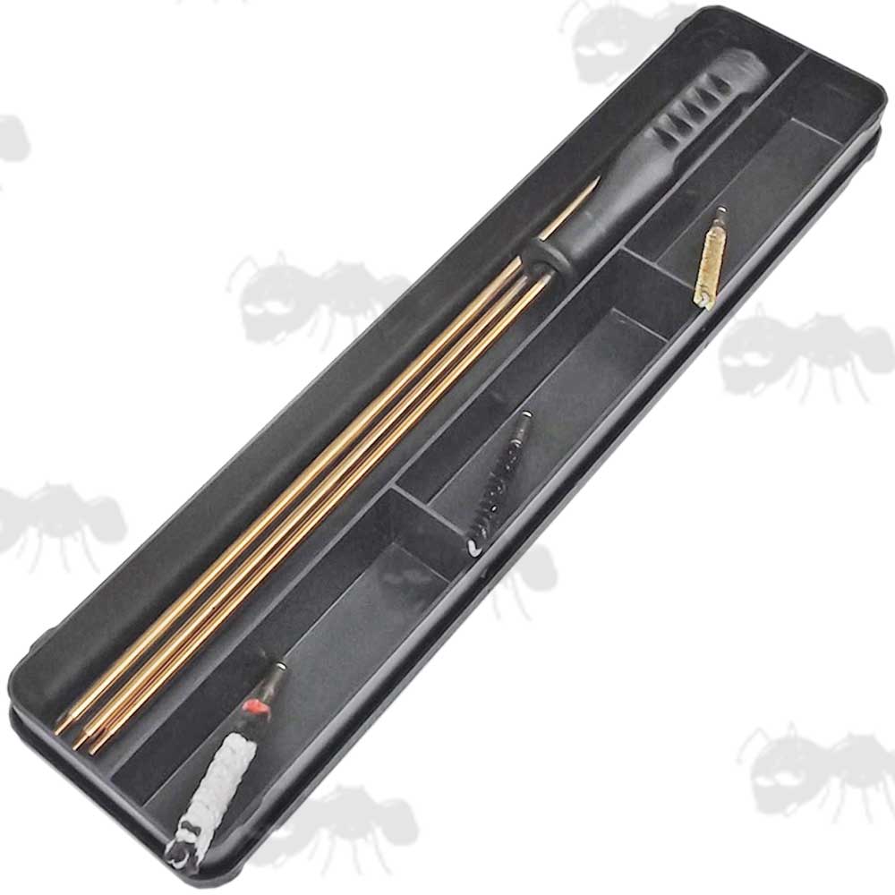 Three Piece Brass Rifle Barrel Cleaning Rod with Black Plastic Handle In Black Plastic Storage Case