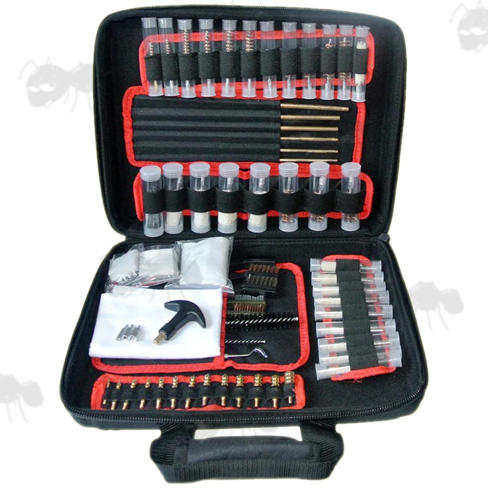 AnTac Universal Gun Cleaning Field Kit - Scrubing Brushes, Pick and Patches, Barrel Rods and Handle, Mops, Brushes, Pulls and Jags Cleaning Field Kit in a Black Soft Carry Case