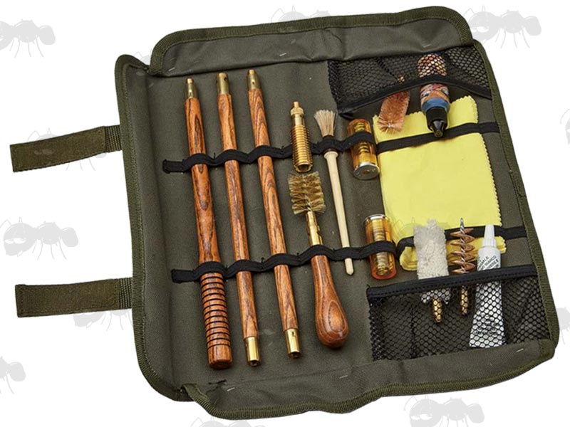 Three Piece Wooden Shotgun Rod, Chamber Rod, Swabs, Oil And Plastic Snap Caps In A Soft Green Canvas Case
