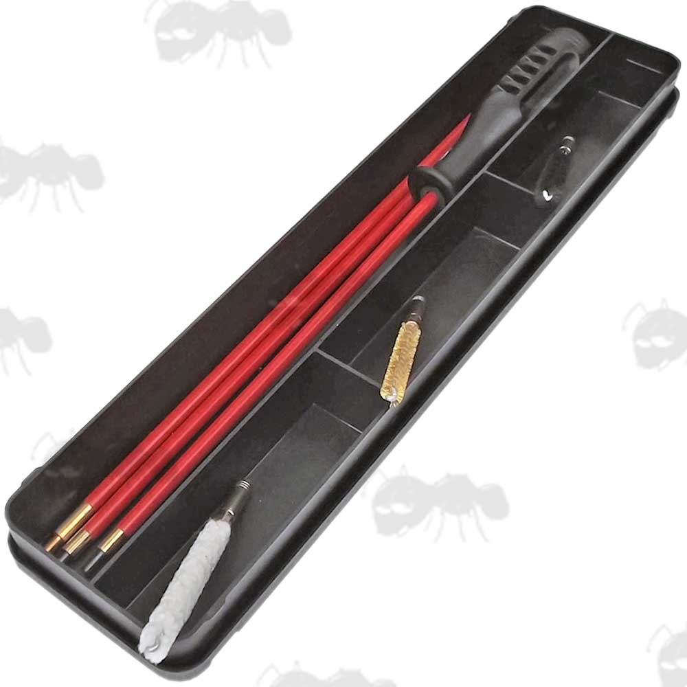 Three Piece Red PVC Coated Metal Rifle Barrel Cleaning Rod with Black Plastic Handle In Black Storage Case