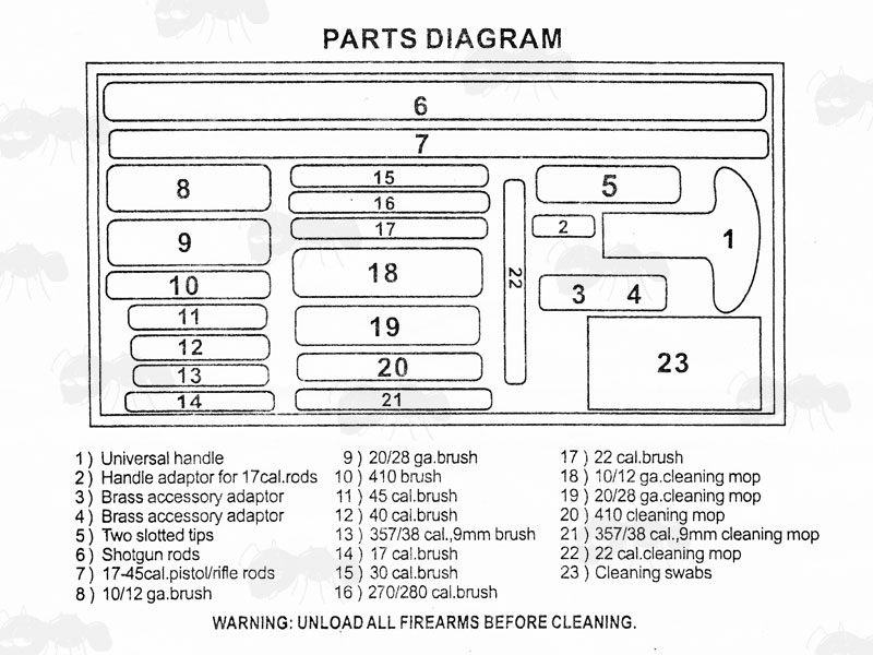 Multi-Gun Barrel Rod Mops and Brushes Cleaning Kit Parts Diagram