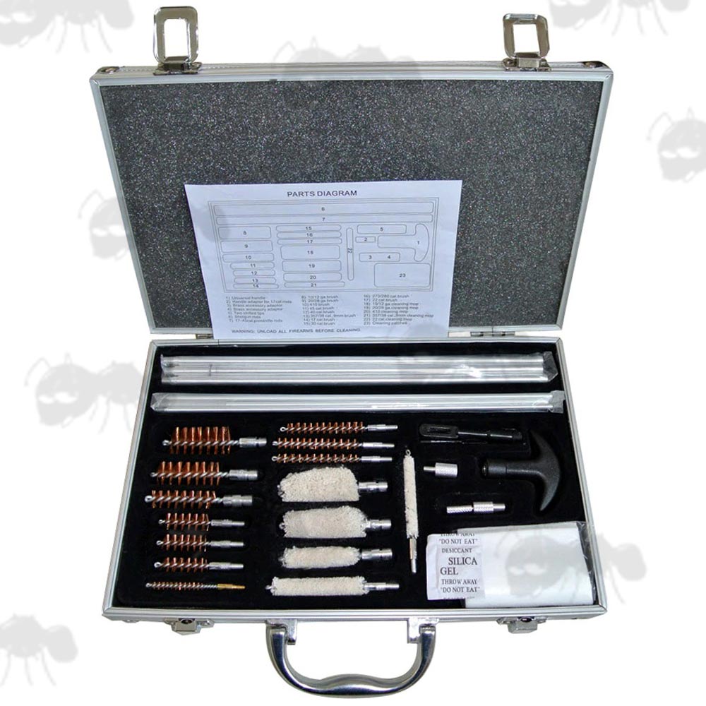 Multi-Gun Barrel Rod Mops and Brushes Cleaning Kit in a Metal Storage Box
