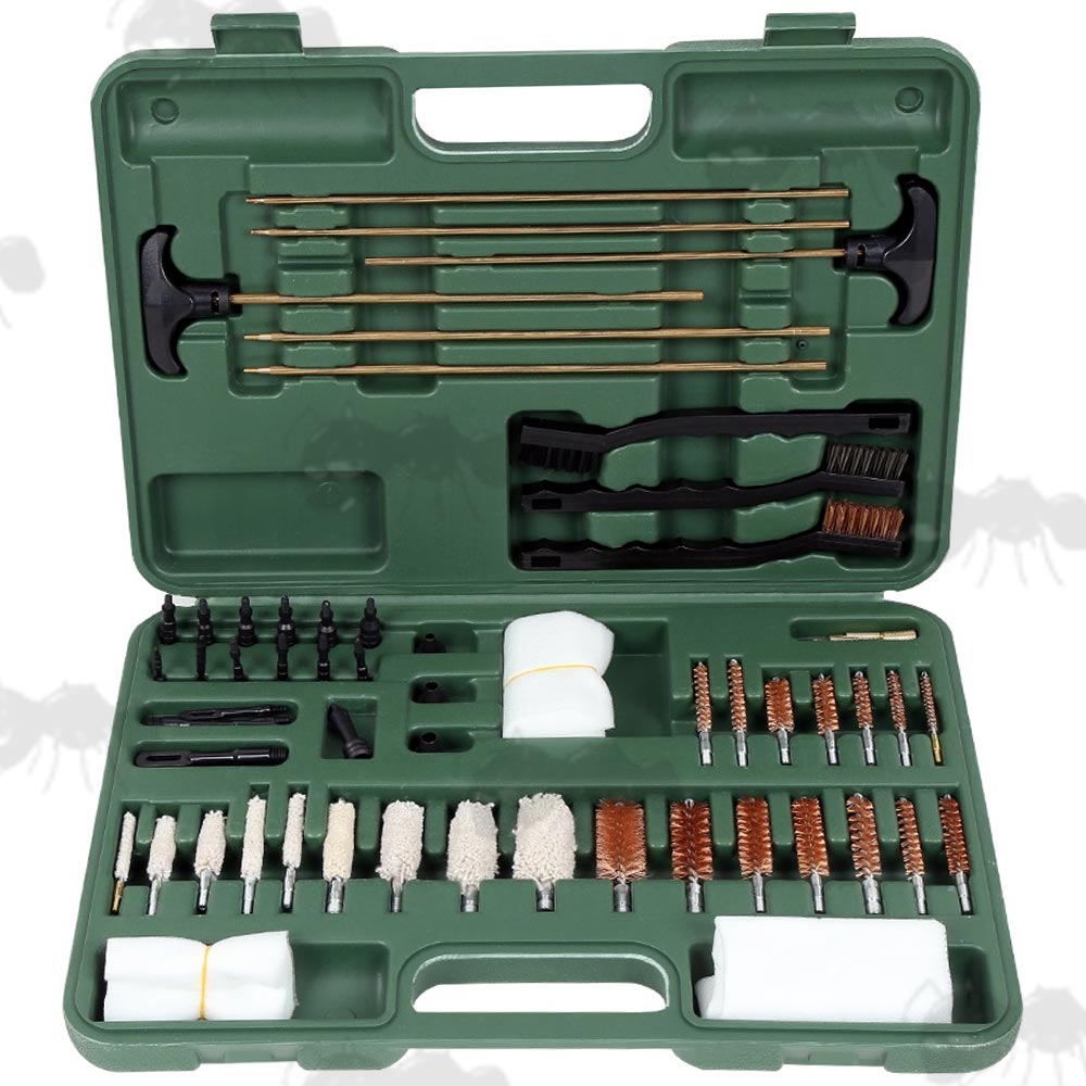 Open View of The Universal Gun Barrel Cleaning Kit Green Plastic Storage Box