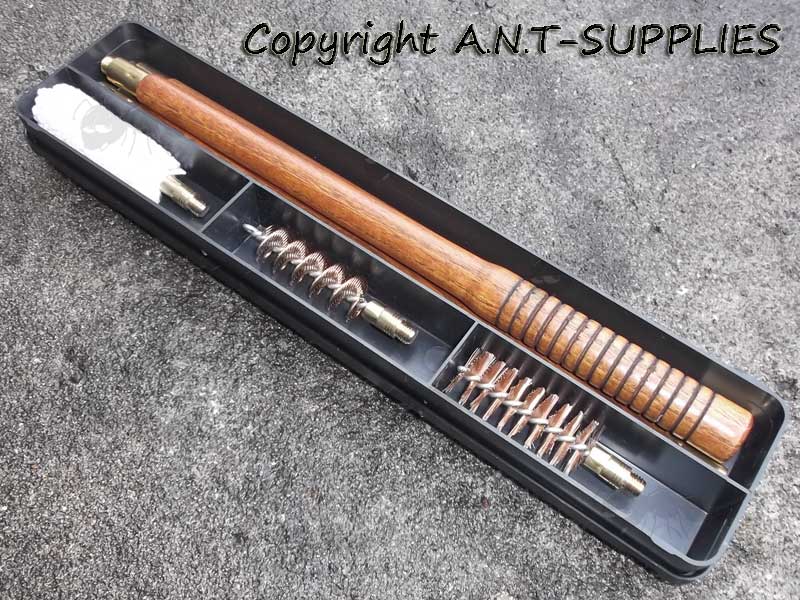 British Thread Walnut Rod 20 Gauge Shotgun Barrel Cleaning Kit In Black Storage Case