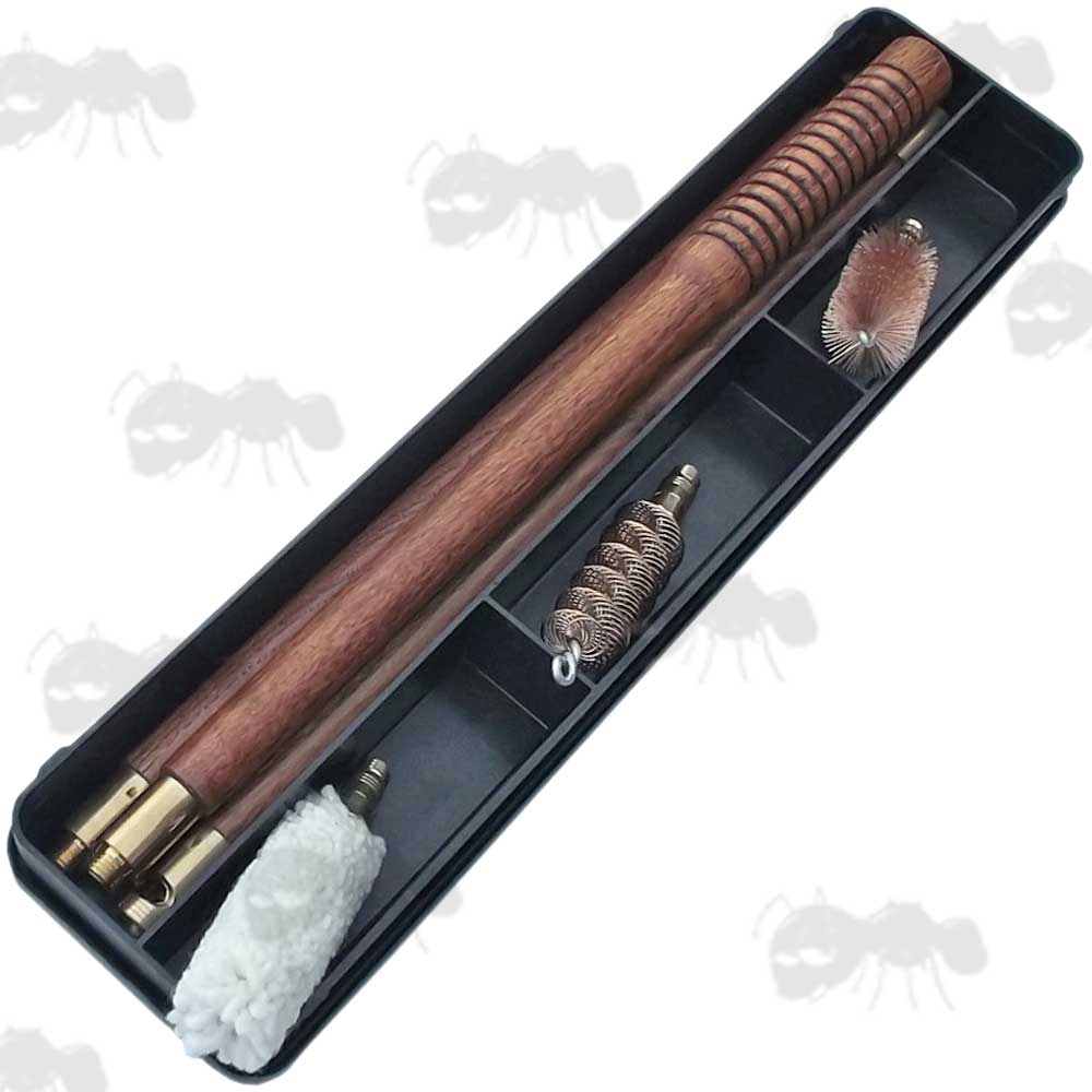 British Thread Walnut Rod 20 Gauge Shotgun Barrel Cleaning Kit In Black Storage Case