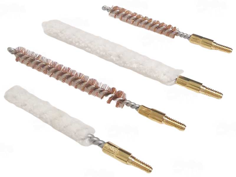 Two Bronze Bristle Brushes and Two White Cotton Mops in Both .17 - .177 / 4.5mm and .22 / 5.5mm Caliber