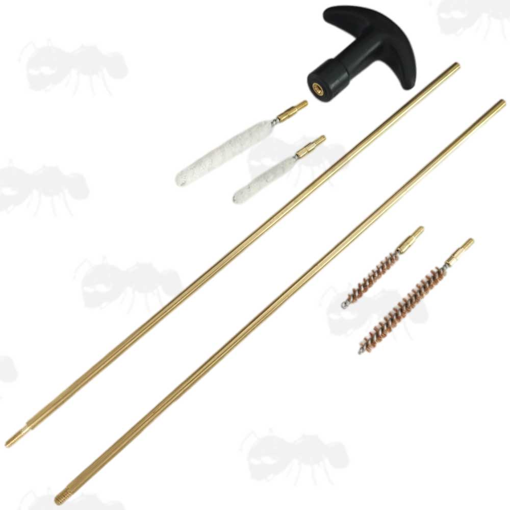 Two Piece Brass .17 - .177 / 4.5mm Caliber Rifle Barrel Cleaning Rod with Curved Black Plastic T-Handle and Bronze Bristle Brushes and White Cotton Mops