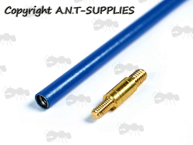 Threaded End View of The Blue Steel One Piece Rifle Barrel Cleaning Rod with European Metric Thread
