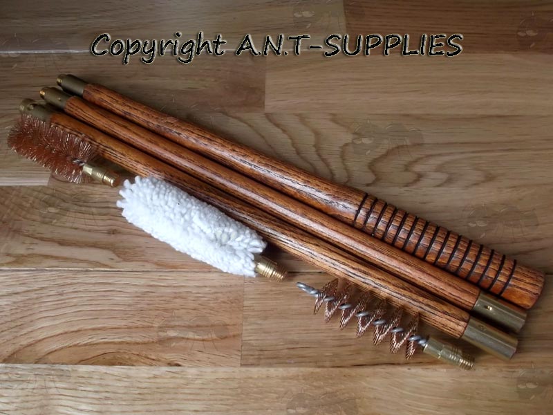 Three Piece Rosewood Shotgun Barrel Cleaning Rod with Large Grip Section and British Threaded Brass Ferrule with Bronze Brush, Bronze Spiral Brush and White Wool Mop