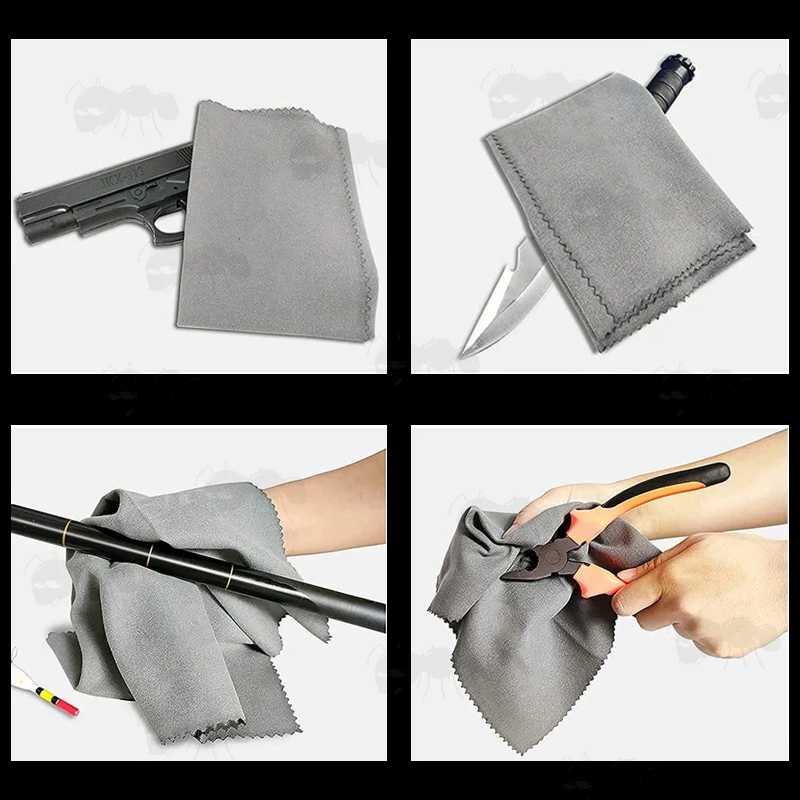 Grey Coloured Silicone Cleaning Cloth, Shown Cleaning a Pistol, Knife, Fishing Rod, and Pliers