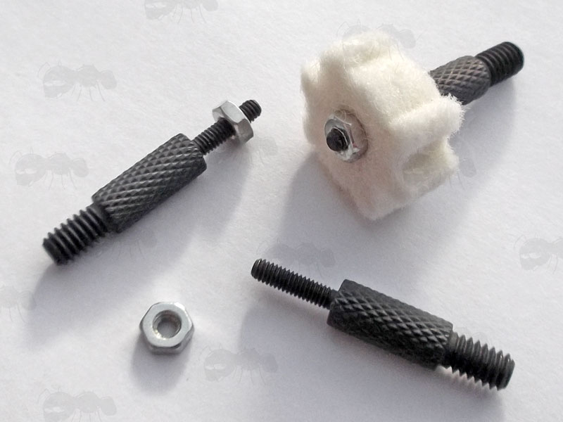 .223 AR Style Chamber Cleaning Cog Shaped Swab Fitted to a Black Gun Rod Adapter